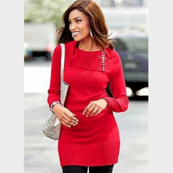 Studded Cowl Neck Sweater, Red XL - Picture 2 of 8